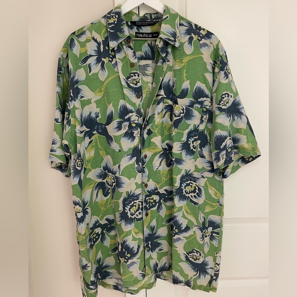Vintage Nautica Shirt Mens Medium Green Blue Hawaiian Floral Aloha Linen Blend